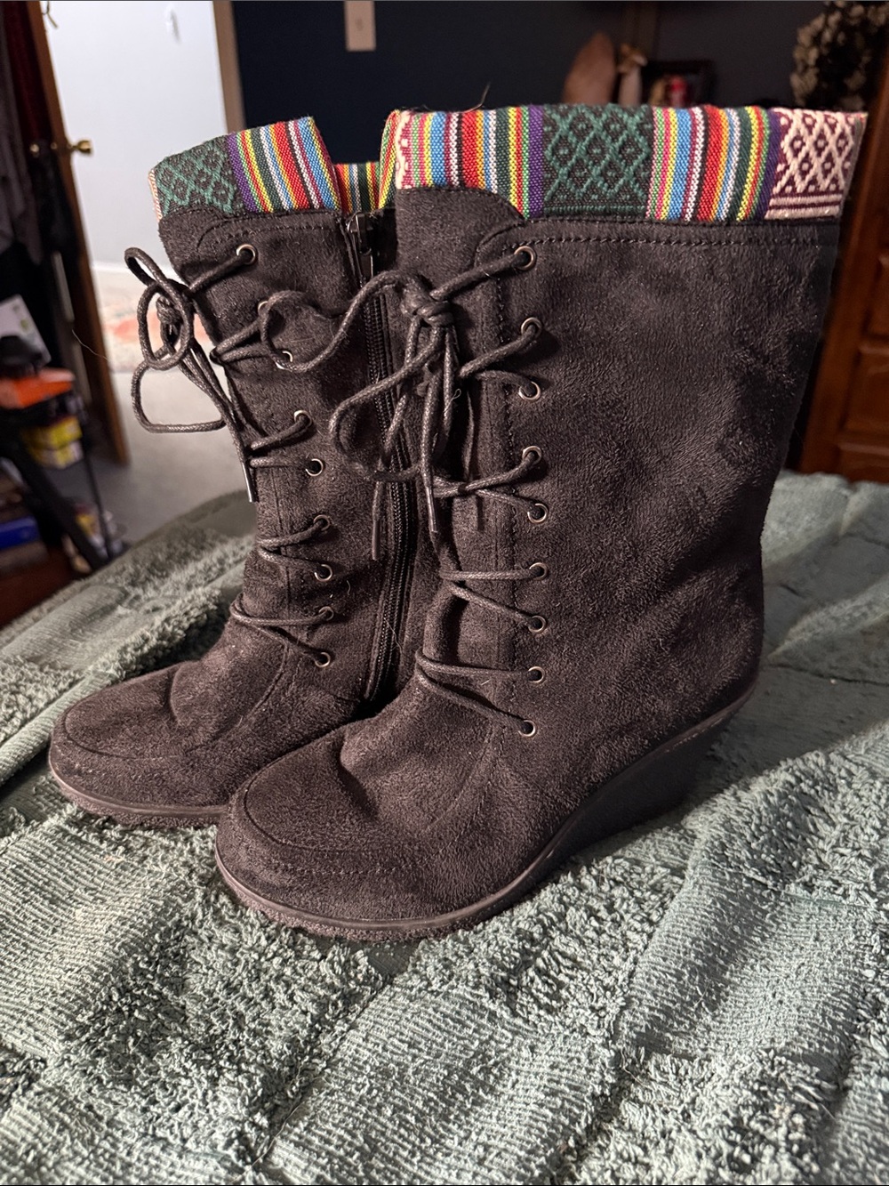 Women's Black Lace-Up Mid-Calf wedge Boots with Colorful Knit Cuff